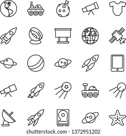 thin line vector icon set - t short vector, bath ball, artificial satellite, planet, Earth, billboard, rocket, space, tablet pc, hdd, telescope, antenna, saturn, lunar rover, flag on moon, first