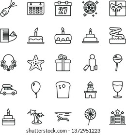 thin line vector icon set - daily calendar vector, balloon, cake, birthday, gift, Easter, torte, Chupa Chups, lollipop, glass, wall, giftbox, sand castle, champagne, car baggage, passenger, hotel