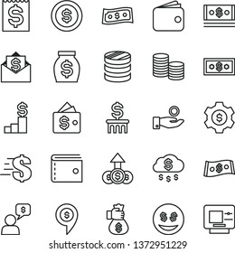 thin line vector icon set - purse vector, dollar, coins, column of, financial item, catch a coin, wallet, money, cash, bag hand, rain, pedestal, gear, eyes, growth, mail, dialog, pin, atm