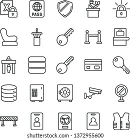 thin line vector icon set - prohibition vector, Baby chair, key, road fence, passport, big data, strongbox, reverse side of a bank card, encrypting, airport tower, rope barrier, identity, access