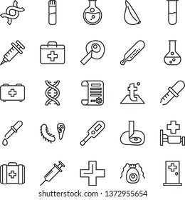 thin line vector icon set - first aid kit vector, plus, electronic thermometer e, mercury, bag of a paramedic, medical, temperature, garlic, round flask, research article, test tube, dna, bactery