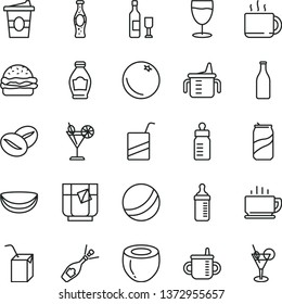 thin line vector icon set - mug for feeding vector, measuring cup, bottle, bath ball, e, packing of juice with a straw, coffee, burger, beans, tea, coffe to go, glass, cocktail, soda can, orange