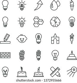 thin line vector icon set - matte light bulb vector, children's hairdo, box of bricks, cake, birthday, brickwork, saving, writing accessories, drawing, honeycombs, drop, energy, brain, flame torch