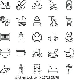 thin line vector icon set - baby cot vector, dummy, mug for feeding, bottle, measuring, diaper, bib, stroller, carriage, summer, sitting, stacking rings, roly poly doll, toy sand set, chair, a child