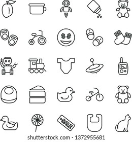 thin line vector icon set - baby powder vector, bib, Child T shirt, rubber duck, duckling, warm socks, toy mobile phone, children's potty, teddy bear, small, train, yule, bicycle, tricycle, lollipop