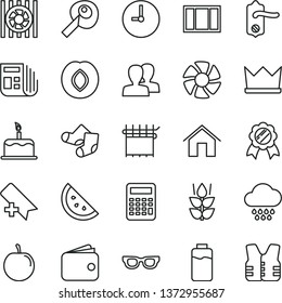 thin line vector icon set - add bookmark vector, women, cloud, Knitted Socks, window frame, door knob, home, wall clock, cake, orange slice, mint, plum, tasty, charge level, cloth industry, wallet