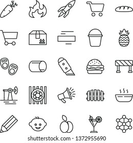 thin line vector icon set - minus vector, children's hairdo, shoes for little children, bucket, fence, knife, traffic signal, cardboard box, loaf, burger, hot porridge, carrot, cocktail, apple, pipe