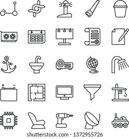 thin line vector icon set - car child seat vector, Kick scooter, cordless drill, arm saw, bucket, washbasin, shower, laying out, anchor, screen, notes, accumulator, tower crane, satellite dish, cpu