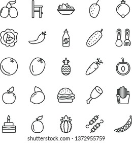 thin line vector icon set - a chair for feeding vector, plastic fork spoons, burger, birthday cake, plate of fruit, chicken thigh, meat on skewers, cucumber, carrot, fried potato slices, pineapple
