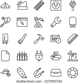thin line vector icon set - repair key vector, comb, hook, garden trolley, arm saw, knife, radiator, electronic boiler, hammer with claw, drawer, plug, socket, tower crane, magnet, robot welder