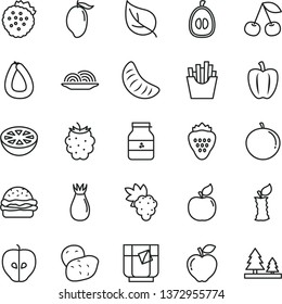 thin line vector icon set - stick of sausage vector, burger, onion, French fries, a glass tea, jar jam, strawberry, strawberries, cherry, grape, apricot, red apple, tasty, rose hip, blackberry, stub
