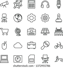 thin line vector icon set - calculator vector, beanbag, portfolio, suitcase, solar panel, industrial factory, gear, mercury light bulb, SIM card, shopping cart, black clock, notebook pc, mouse, pawn