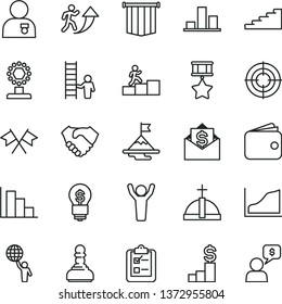 thin line vector icon set - positive histogram vector, survey, chart, hand shake, wallet, growth graph, cup, pawn, man arrow up, carrer stairway, hold world, hands, with medal, motivation, hero, aim