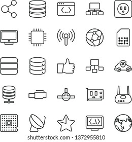 thin line vector icon set - power socket type b vector, star, thumb up, screen, big data, server, autopilot, processor, satellite dish, SIM, connection, scheme, hierarchical, cpu, pc card, router