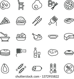 thin line vector icon set - plates and spoons vector, a chair for feeding child, iron fork, sausage, stick of, cheese, pizza, piece, mini hot dog, burger, spaghetti, noodles, pie, lettuce in plate