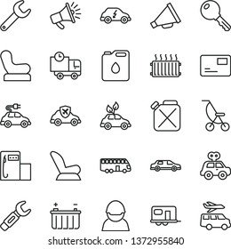thin line vector icon set - horn vector, Baby chair, car child seat, summer stroller, motor vehicle present, key, pass card, delivery, modern gas station, battery, racer, canister, of oil, electric