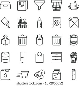 thin line vector icon set - wicker pot vector, bin, storage unit, mug for feeding, measuring bottle, powder, baby, dust, drawer, bag with handles, package, unpacking, tin, popcorn, cup of, sea port