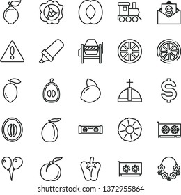 thin line vector icon set - warning vector, baby toy train, colored air balloons, concrete mixer, building level, peper, ripe peach, squash, quince, loquat, half, melon, lemon, yellow, juicy