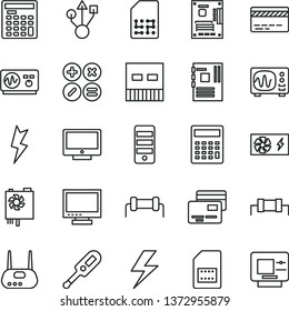 thin line vector icon set - lightning vector, monitor, bank card, calculator, electronic thermometer e, screen, cards, math actions, SIM, engineer, pc power supply, tower, motherboard, usb, router