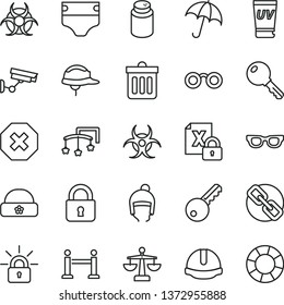 thin line vector icon set - mark of injury vector, spectacles, scales, toys over the cot, diaper, powder, winter hat, warm, construction helmet, dust bin, lock, key, umbrella, encrypting, glasses