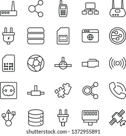 thin line vector icon set - Puzzle vector, power socket type f, big data, plug, electric, SIM card, connection, connections, scheme, phone call, mobile, usb, router, network, browser, connect