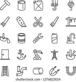 thin line vector icon set - scissors vector, crane, hook, winch, hand saw, arm, stepladder, ntrance door, knife, kitchen faucet, hammer, anchor, tin, soda can, water pipes, power line, canister