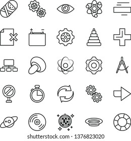 thin line vector icon set - prohibition vector, right direction, renewal, plus, minus, stacking toy, tumbler, cogwheel, eye, timer, CD, delete page, porcini, plate, accumulator, gear, gears, scheme