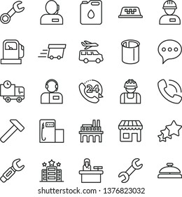 thin line vector icon set - workman vector, hammer, speech, delivery, 24, operator, gas station, modern, industrial enterprise, builder, canister of oil, pipes, steel repair key, kiosk, dispatcher