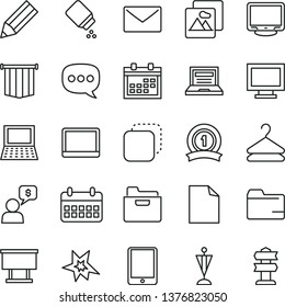 thin line vector icon set - laptop vector, monitor window, calendar, clean sheet of paper, folder, baby powder, envelope, picture, hanger, copy, billboard, pencil, speech, tablet pc, notebook, bang