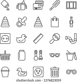 thin line vector icon set - bin vector, yardstick, grocery basket, dummy, measuring cup for feeding, baby powder, beanbag, electronic thermometer e, rubber duck, duckling, stacking rings, toy, cards