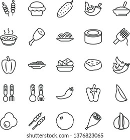 thin line vector icon set - plastic fork spoons vector, iron, canned goods, fried vegetables on sticks, onion, slices of, spaghetti, cake, a bowl buckwheat porridge, in saucepan, lettuce plate, egg