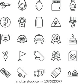 thin line vector icon set - danger of electricity vector, add bookmark, remove label, pennant, question, toys over the cot, winch hook, car, birthday cake, bottle, tamarillo, physalis, radish, jar