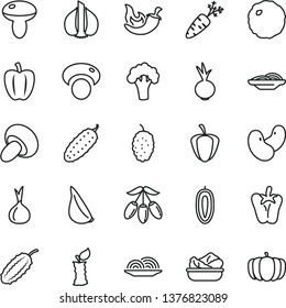 thin line vector icon set - onion vector, slices of, mushroom, porcini, lettuce in a plate, cabbage, cucumber, chili, peper, beet, garlic, mulberry, goji berry, sweet date fruit, apple stub, ripe