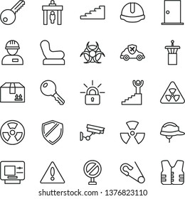 thin line vector icon set - warning vector, prohibition, Baby chair, open pin, workman, key, ntrance door, construction helmet, cardboard box, radiation hazard, autopilot, encrypting, nuclear, atm