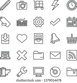thin line vector icon set - heart symbol vector, truck lorry, camera, repair key, lightning, bell, laptop, monitor window, calendar, envelope, clock face, graphite pencil, cargo trolley, keyboard