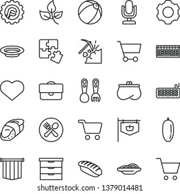 thin line vector icon set - heart symbol vector, desktop microphone, storage unit, baby bath ball, plastic fork spoons, Puzzles, star gear, slices of onion, plate, sushi, japanese, date fruit, purse