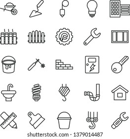 thin line vector icon set - dwelling vector, brick wall, hook, winch, garden trolley, building trowel, window frame, bucket, paint, washbasin, siphon, saving light bulb, key, city block, plummet