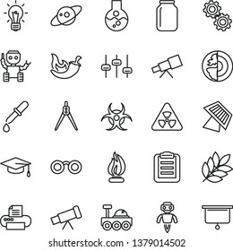 thin line vector icon set - chili vector, jar, printer, flask, telescope, glasses, nuclear, bulb, gears, settings, biohazard, pipette, flame, graduate hat, clipboard, drawing compass, earth core