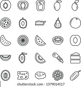 thin line vector icon set - stationery knife vector, piece of cheese, pizza, cake, slice, meat, orange, sandwich, plum, water melon, half mango, delicious, peach, tangerine, lemon, sour lime, tomato
