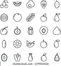 thin line vector icon set - Hot Dog vector, chili, peper, fried egg, strawberry, cherry, ripe peach, apricot, plum, rose hip, fig, mulberry, water melon, delicious, slice, date fruit, tasty, half