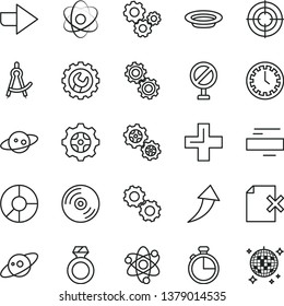 thin line vector icon set - prohibition vector, clock face, right direction, plus, minus, gear, timer, CD, delete page, plate, gears, ring diagram, atom, drawing compass, saturn, diamond, aim