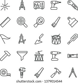 thin line vector icon set - yardstick vector, zoom, wind direction indicator, electronic thermometer e, drumroll, drum, building trowel, cordless drill, hand saw, arm, measuring tape, putty knife