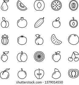 thin line vector icon set - cucumber vector, apple, cherry, peach, ripe, pomegranate, quince, apricot, red, tasty, slice of water melon, half, tangerine, plum, yellow lemon, passion fruit, orange