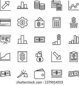 thin line vector icon set - bank card vector, bar chart, graph, growth, negative, calculation, coins, a crisis, statistical overview, financial item, wallet, cash, dollar, calculator, report, column