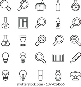 thin line vector icon set - incandescent lamp vector, magnifier, zoom out, measuring cup for feeding, mercury thermometer, window, frame, bulb, glass, bottle, liquor, round flask, magnifying