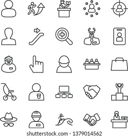 thin line vector icon set - zoom vector, woman, hat with glasses, summer stroller, workman, index finger, racer, court hearing, man, in sight, scheme, hand shake, handclasp, bag, scientist, arrow up
