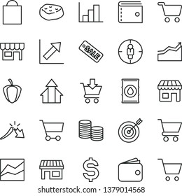 thin line vector icon set - paper bag vector, purse, line chart, growth, negative histogram, cart, put in, kiosk, piece of meat, ripe pepper, oil, stall, shopping, goal woman, coins, a crisis