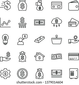 thin line vector icon set - bank card vector, dollar, graph, shopping basket, reverse side of a, get wage, catch coin, wallet, money, dollars, cash, gold bar, bag hand, rain, mortgage, column, gear