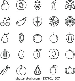 thin line vector icon set - strawberry vector, cherry, apple, half apricot, tasty, mulberry, goji berry, peach, tangerine, ripe plum, sweet date fruit, lemon, yellow, juicy, of orange, guava, part