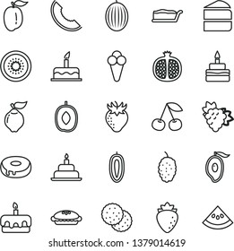 thin line vector icon set - cake vector, birthday, piece of, slice, torte, with a hole, pie, cone, biscuit, cherry, half pomegranate, branch grape, quince, raspberry, strawberry, mulberry, melon
